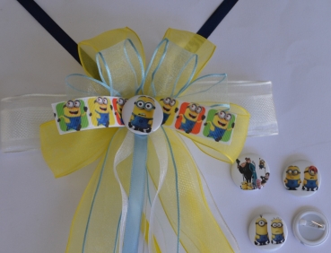 Schultütenschleife Minion - Farben mit Anstecker, Pin, weiß, blau, gelb