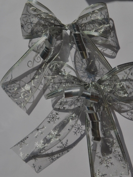 Organzaschleife weiss-silber- oder schwarz-silber transparent mit Weihnachtsmotive
