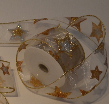 Glitzer-Flitter, 5-Meter Schleifenband für Weihnachten, Sterne, goldtöne und etwas silber