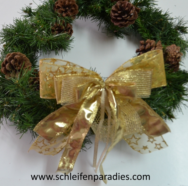 4x Geschenkschleife Glitter, Flitter Schleife in Gold, Organza, Baumschmuck