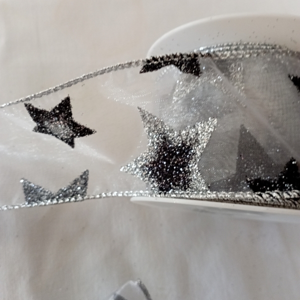 Glitzer-Flitter, 5-Meter Schleifenband für Weihnachten, Sterne, goldtöne und etwas silber oder silber-schwarz