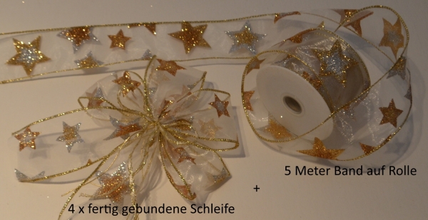 5 Teile / 4x Schleife + 5meter Band - Glitter - Glitzer Sterne Gold und silber