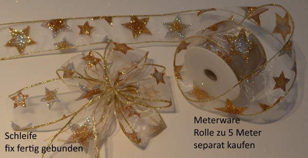 Glitzer-Flitter, 5-Meter Schleifenband für Weihnachten, Sterne, goldtöne und etwas silber