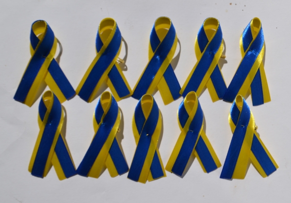 Solidaritätschleife Schweden / Ukraine,  Charity Anstecker blau gelb, Awareness Ribbons